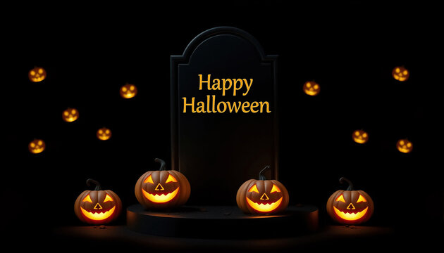 Spooky Halloween pumpkins with glowing jack-o'-lanterns and tombstone wishing Happy Halloween for festive designs