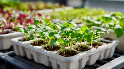 Young sprouts in a seedling tray filled with soil with more seedlings blurred in the background