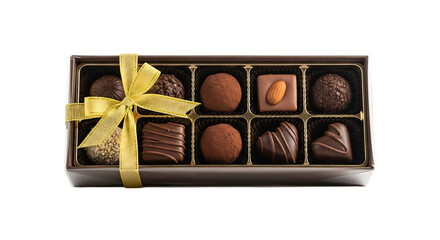 Elegant assortment of gourmet chocolates in a gift box tied with a yellow ribbon