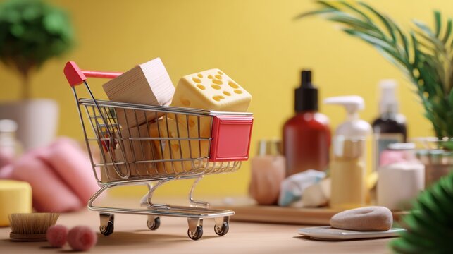 Shopping cart with wellness and spa products on yellow background