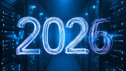 glowing blue neon numbers 2026 floating in server room data center hallway - Powered by Adobe