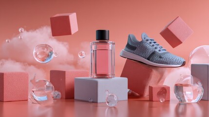Floating perfume bottle and sports shoes