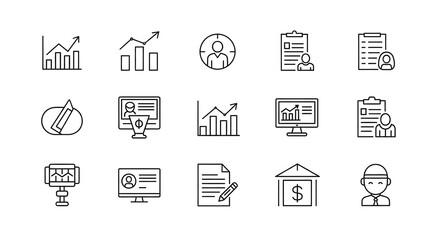 Business and Finance Icons: A comprehensive collection of meticulously crafted line icons, representing various aspects of business and finance, designed to streamline your design process