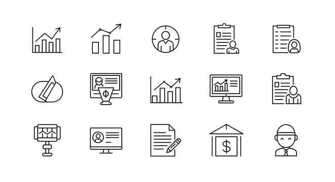 Business and Finance Icons: A comprehensive collection of meticulously crafted line icons, representing various aspects of business and finance, designed to streamline your design process