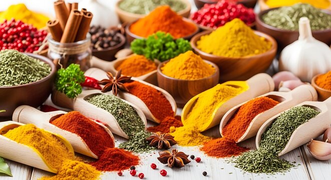 Various colorful spices and herbs in wooden bowls and spoons on a table