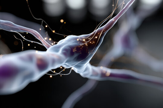 A captivating close-up of interlinked neurons showcasing luminous trails of energy, symbolizing the intricate communication pathways crucial to cognitive functions and emotions.