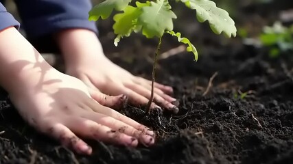 Child planting a tree sapling in soil.