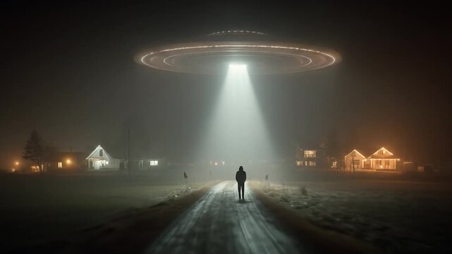 A lone figure stands on a rural road as a bright beam from a hovering craft illuminates the foggy night