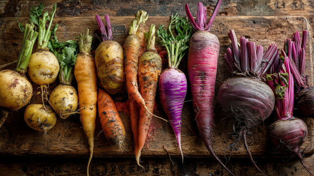 Variety of freshly harvested root vegetables like beets, carrots, and radishes on a rustic wooden board. Great for organic farming and healthy food visuals.
