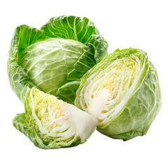 Fototapeta premium Fresh green cabbage whole and cut isolated on white background