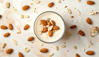 Almond Milk Smoothie with Almonds and Oats on White Surface.