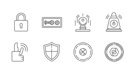Security and protection icons: A comprehensive collection of minimalistic icons representing various aspects of security, safety and protection. Symbols convey the essence of digital security.