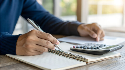 Close up woman hand using calculator to calculate home finance and writing note, accounting on table, budget management. Doing finance, budgeting and tax calculation, monthly expenses