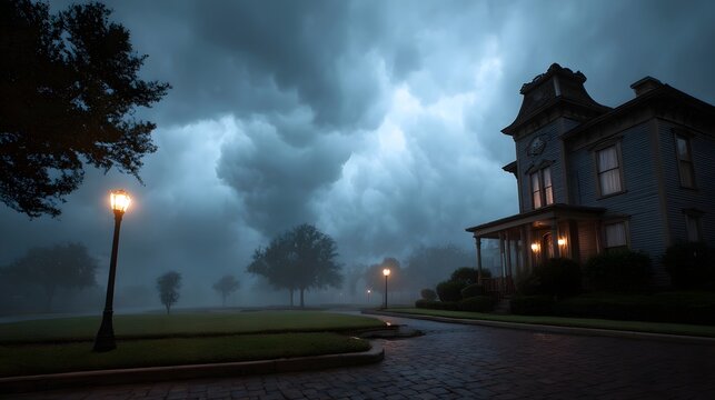 A grand old house stands under a dramatic stormy sky with an eerie mist rolling in at twilight