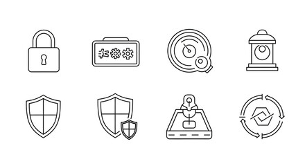 Digital Fortress: A collection of sleek, minimalist icons symbolizing the core elements of digital security, encompassing locks, shields, and intricate patterns.