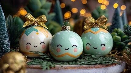 Cheerful Green Holiday Ornaments with Cute Faces and Bows