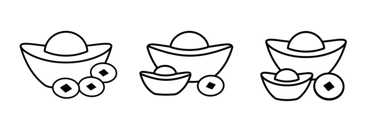 Set of Chinese gold Ingot outline with template. 
Gold Ingot yuanbao linear Icon vector.
Transparent background. SVG file.