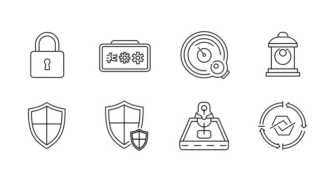 Digital Fortress: A collection of sleek, minimalist icons symbolizing the core elements of digital security, encompassing locks, shields, and intricate patterns.