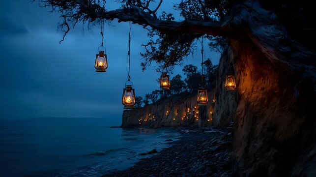 Enchanted seaside cliff with lanterns tethered to driftwood small friendly silhouettes smoky gray spray deep indigo sky candlelight gold rim lighting focused coastal mystery