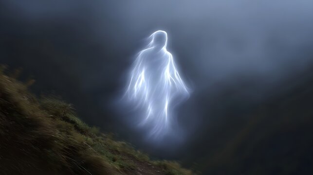 Ethereal luminous spirit apparition hovers against a dark misty mountain landscape