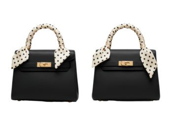 Two luxury black leather handbags, cream polka-dot scarves, gold clasps, minimalist studio, transparent background, copy space, luxury fashion display