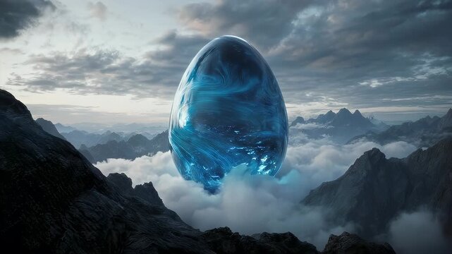 Mysterious glowing blue crystal egg hovering over misty mountains.
