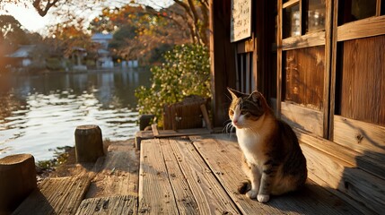 Tabby cat sitting on a wooden porch enjoying the warm sunlight in a serene outdoor setting by a lake