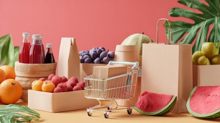 Fresh produce and bottles next to eco bags