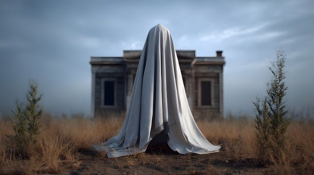 A spectral figure draped in white cloth stands before an abandoned dilapidated building under a moody overcast sky