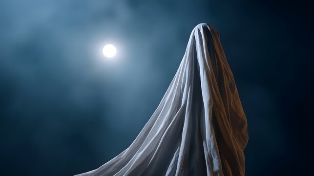 Ethereal ghost figure shrouded in white fabric under a luminous moonlit sky