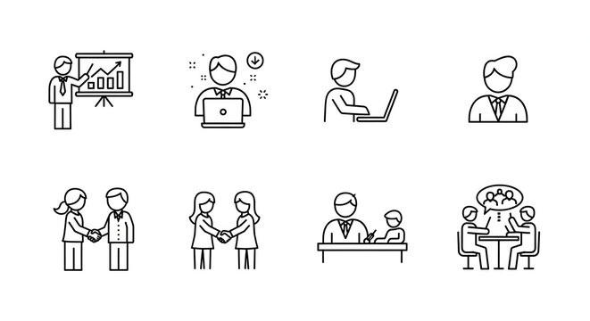 Business Icons: A collection of concise business icons are displayed, offering a visual vocabulary for business themes, communication, and workplace scenarios.