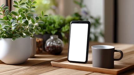 Minimalist Workspace with Smartphone Coffee Cup and Green Plants on Wooden Table