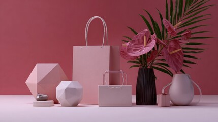Elegant shopping scene with pink backdrop