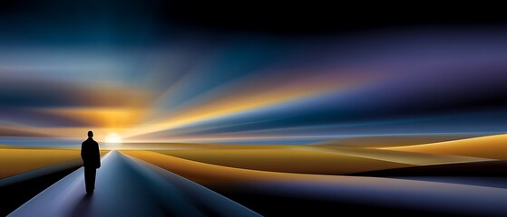Person Walking on Pathway Toward Vibrant Sunset in Abstract Landscape Scene