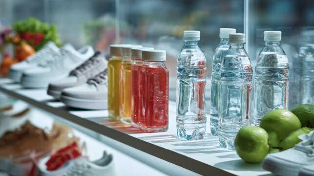 Beverage bottles and healthy snacks on table