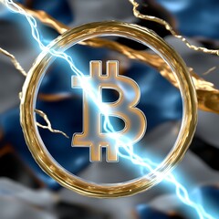 Golden Bitcoin Symbol Surrounded by Electric Energy and Abstract Blue Background