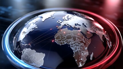 Detailed Global Map with Network Connections and Red-Blue Gradient Background