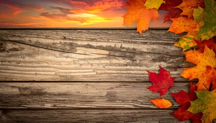 Autumnal Harmony - Vibrant Leaves on Rustic Wood with Sunset Sky.