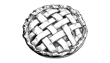 a black and white drawing of a pie with lattice crustapple pie, basket, draw, food, illustration, pastry, pie, sketch 