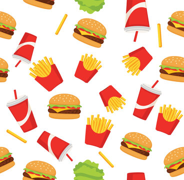Seamless Fast Food Pattern with Hamburgers, Fries, and Soda Vector