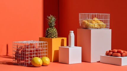 Tropical market display with fruits and cosmetics