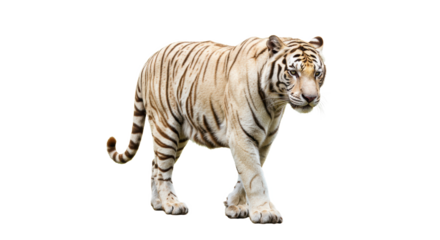 Adult white tiger with creamy fur and dark stripes, powerful, walking forward, intense gaze, isolated on transparent background with copy space, concept of majestic wildlife