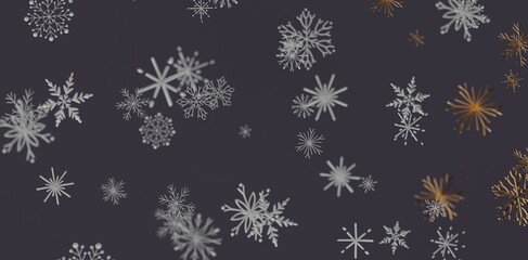 Elegant winter background featuring scattered snowflakes in silver and gold hues against a dark backdrop ideal for seasonal designs a