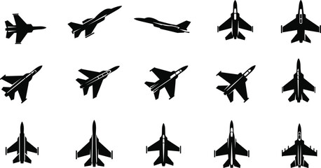 Fighter jet silhouettes, military aircraft comparison, aviation design reference, top view jets, side profile planes, tactical air force models, warplane shapes