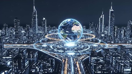 A digital globe over a futuristic smart city at night - Powered by Adobe