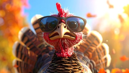Cool Turkey Ready for Thanksgiving with Sunglasses and Autumn Leaves.