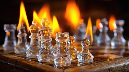Chess set in flames conceptual imagery of conflict and strategy