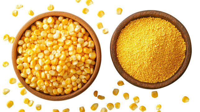 Two wooden bowls filled with corn kernels and cornmeal isolated on transparent background