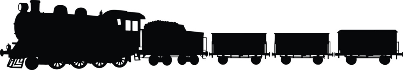 Steam locomotive silhouette, vintage train illustration, freight transport icon, black rail engine, historical railway graphic, transportation vector, classic cargo train © Aiub