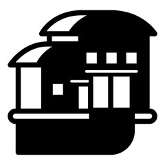 Building with warehouse solid icon, manufacturing logistic concept, hangar with gate and road sign on white background, glyph style for mobile web design. Vector graphics.